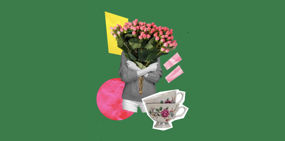 Collage of a humanoid figure clutching a bunch of flowers and tea cups against a green background